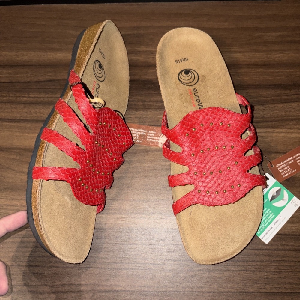 NWT EuroWellness 41.5 US 10 Footbed Slide Sandals Red Snake Leather Gold Studs